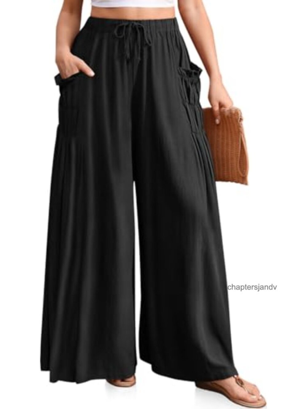 Wide Leg Linen Blend Palazzo Pants with Drawstring & Pockets